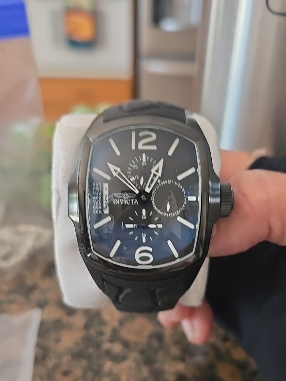 BRAND NEW Invicta Black Tonneau-Style Chronograph Watch with White Accents